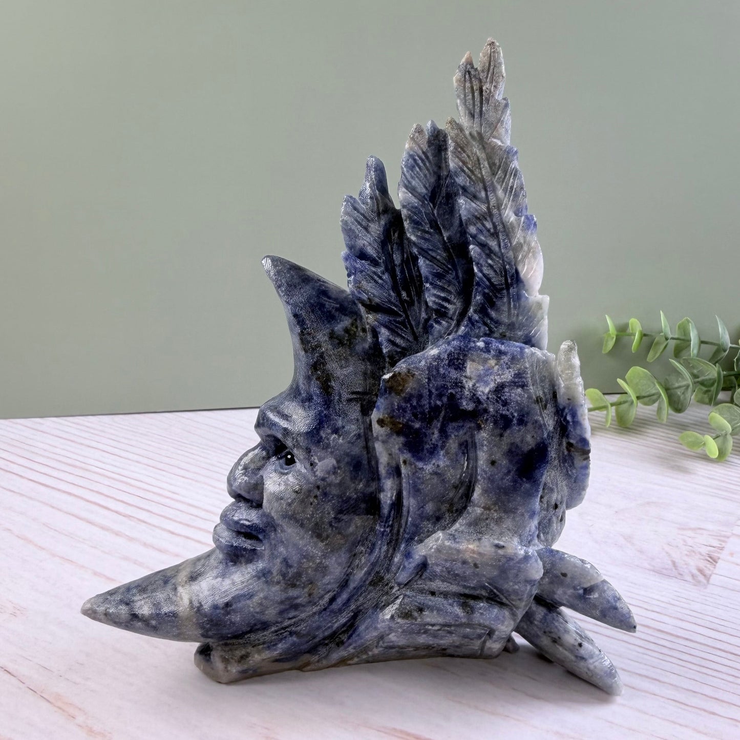 High Quality Sodalite Rooster + Moon Carving