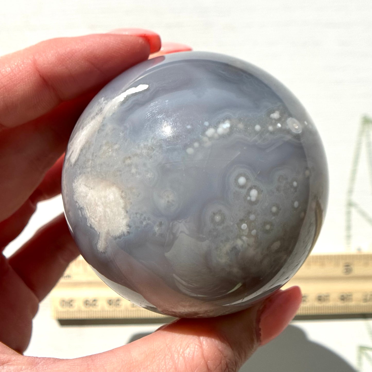 Blue Chalcedony with Flower Agate Sphere from Madagascar