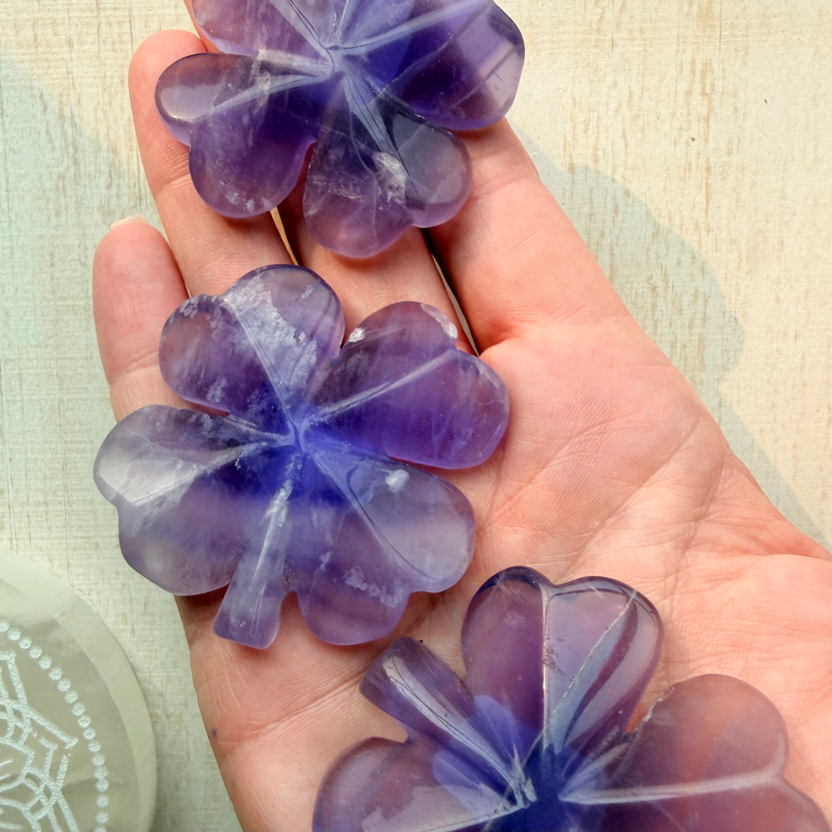 Purple Fluorite Shamrock Carving | Natural Crystal Lucky Charm