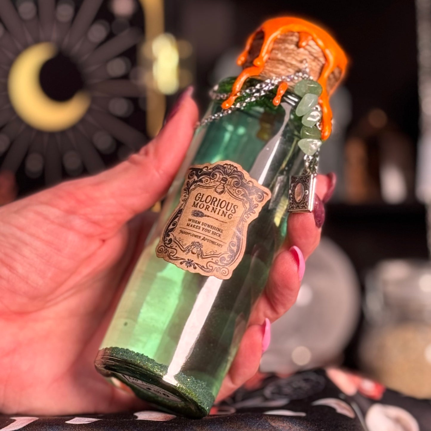 Handmade "Glorious Morning" Glass Kinetic Potion Bottle w/ Green Aventurine Crystals