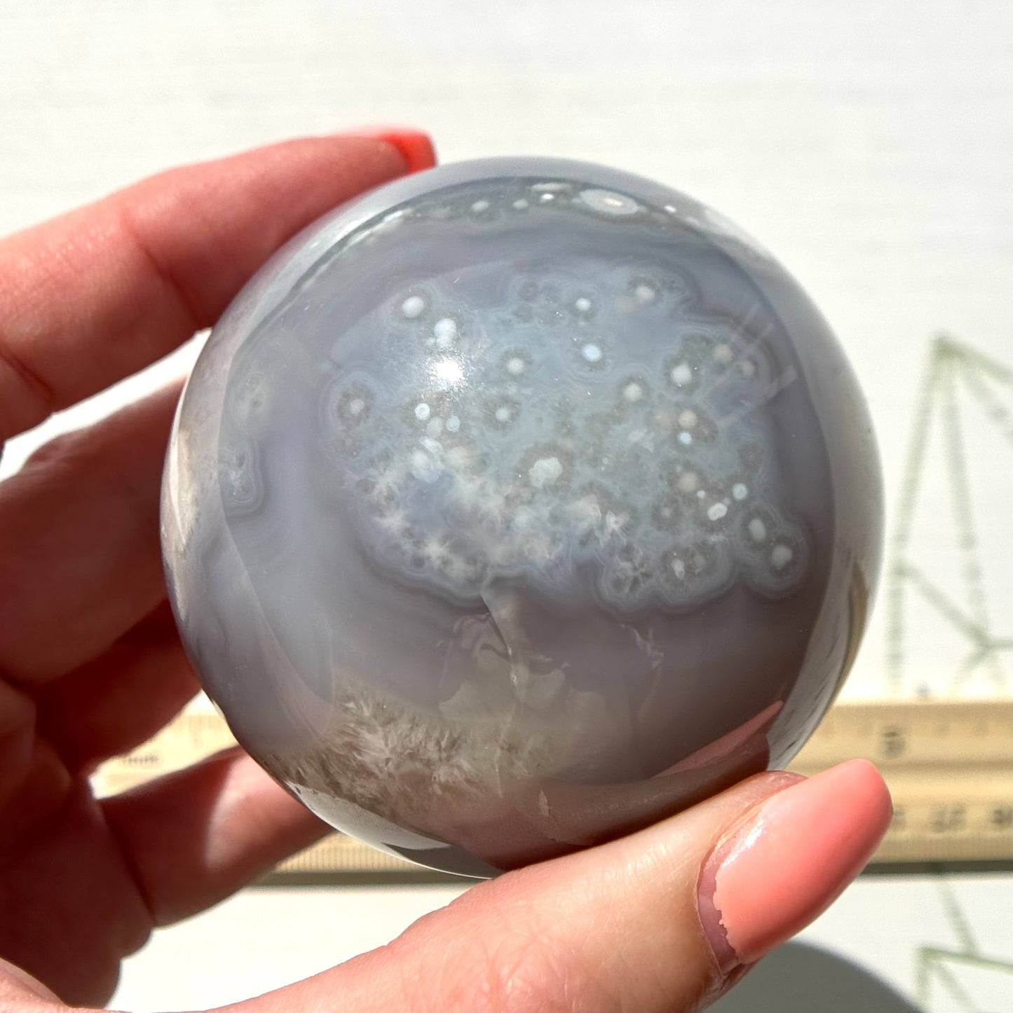 Blue Chalcedony with Flower Agate Sphere from Madagascar