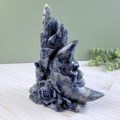 High Quality Sodalite Rooster + Moon Carving