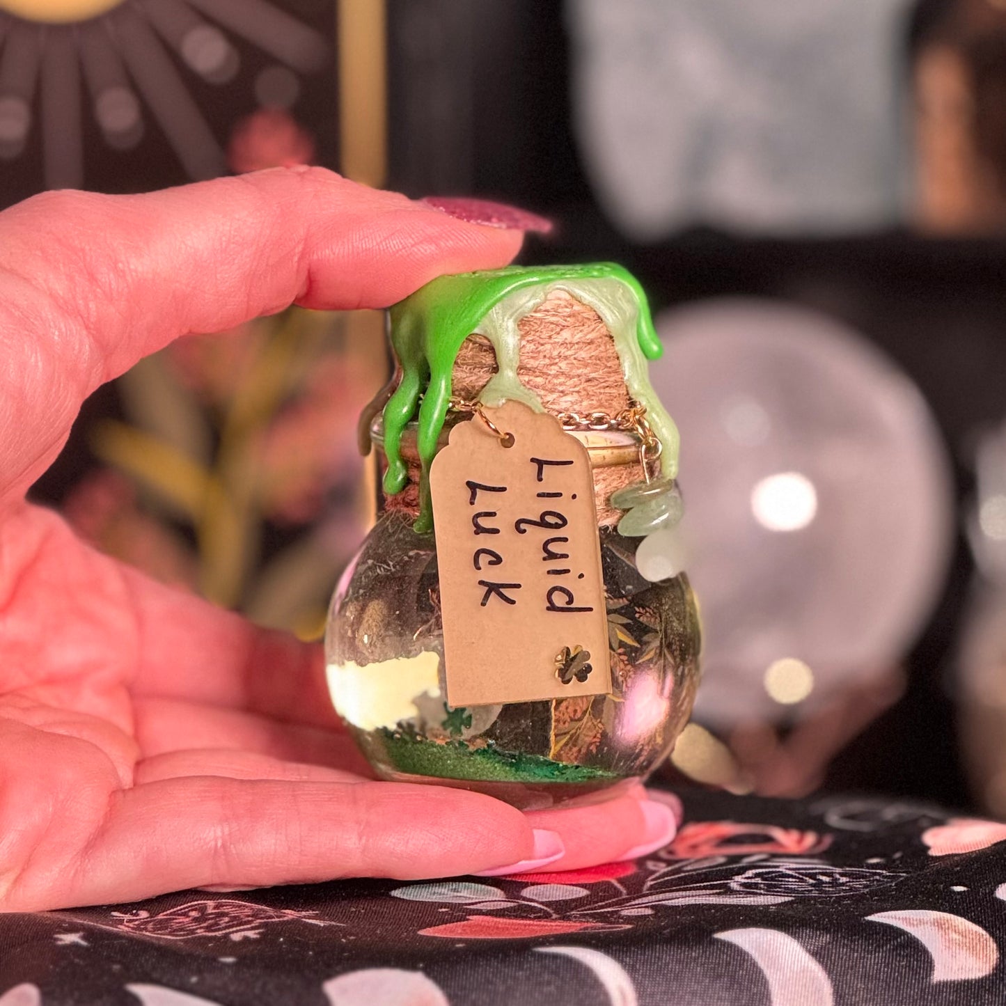 Mini Handmade "Liquid Luck" Kinetic Glass Potion Bottle w/ Green Aventurine Crystals