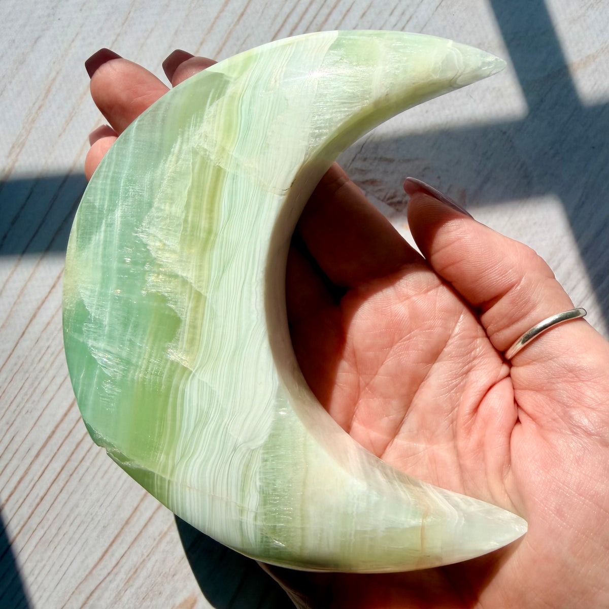 Pistachio Calcite Crescent Moon Carving – Soft Green Crystal for Peace
