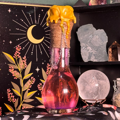 Handmade "Amok Amok Amok" Decorative Potion Bottle w/ Amethyst Crystals