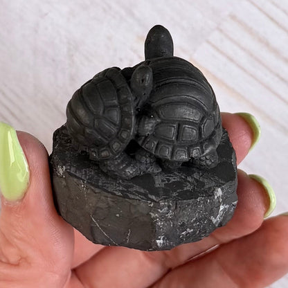 Karelian Shungite Turtle Family Carving - EMF Protection Statue
