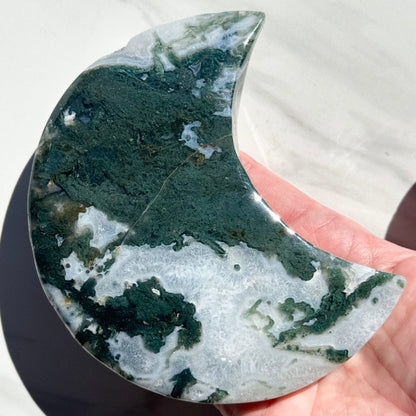 Large Moss Agate Crescent Moon Carving | Option A