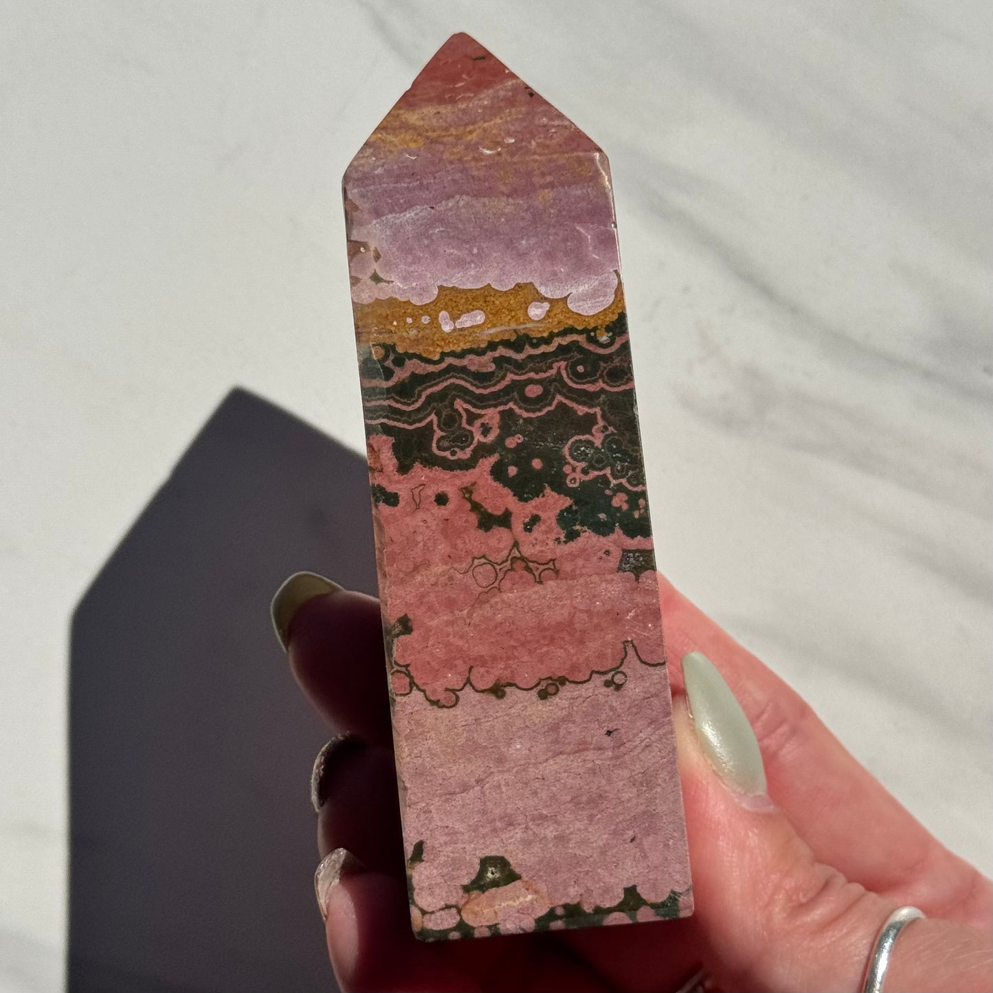 Stunning Natural Pink, Green, & Yellow Ocean Jasper Tower | Option A