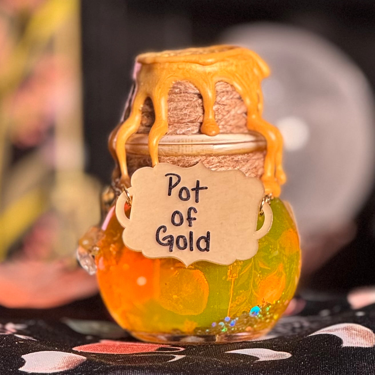 Mini Handmade "Pot of Gold" Glass Kinetic Potion Bottle w/ Clear Quartz & Citrine Crystals
