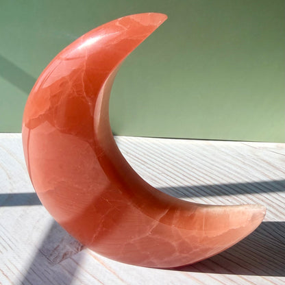 Rose Calcite Crescent Moon Carving – Crystal for Self-Love
