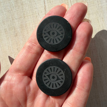 two evil eye engraved genuine russian shungite flat emf blocking phone stickers 