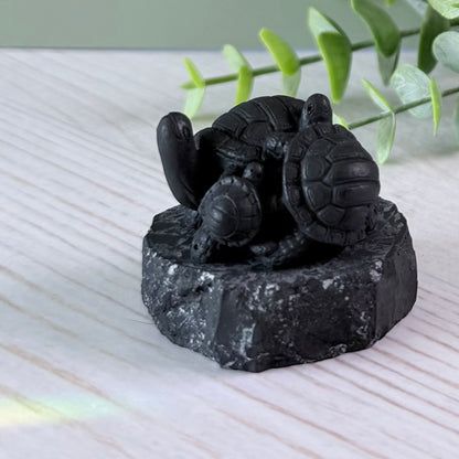 Karelian Shungite Turtle Family Carving - EMF Protection Statue