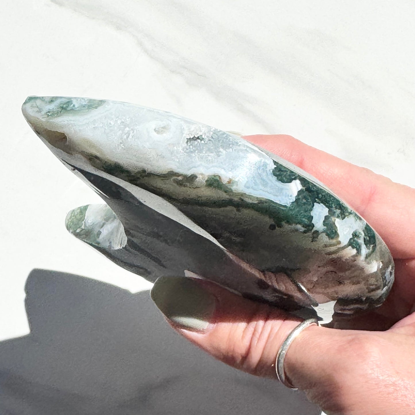 Large Moss Agate Crescent Moon Carving | Option A