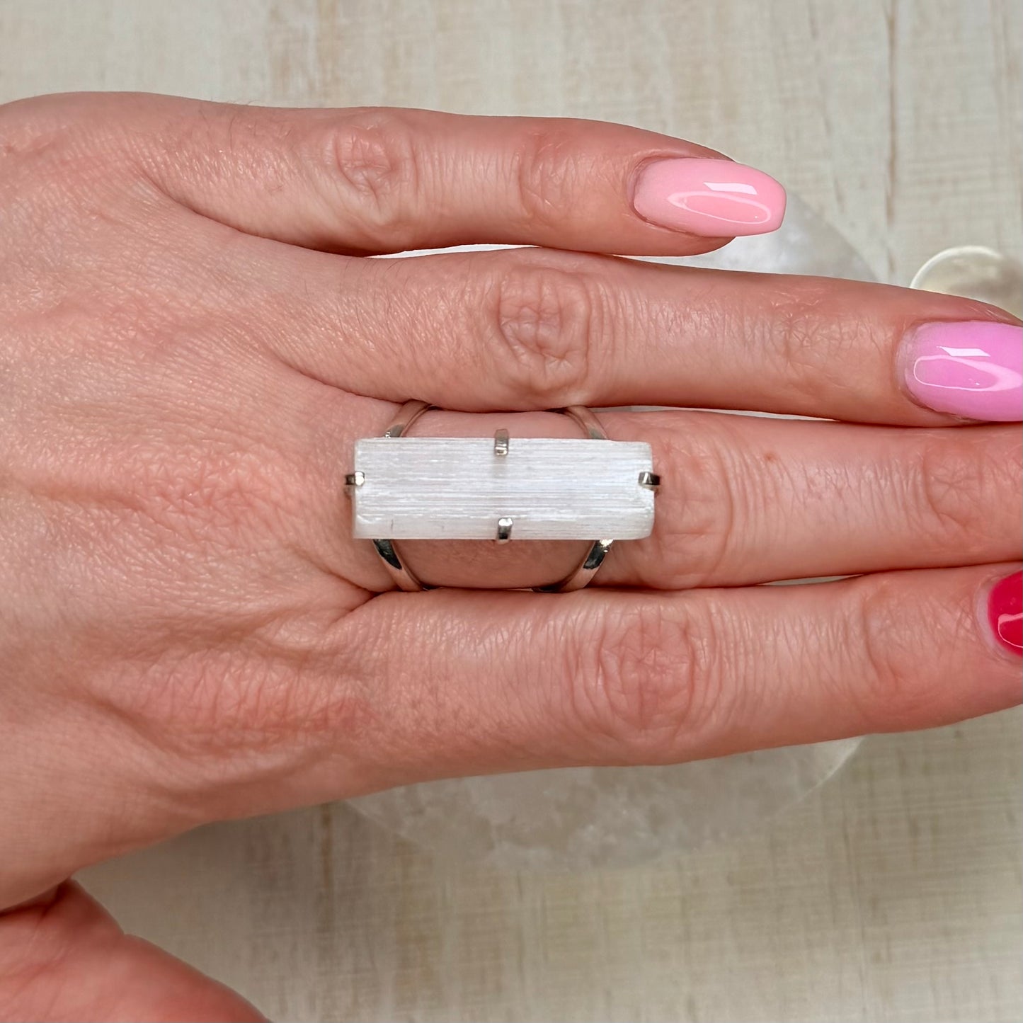 Beautiful Selenite Adjustable Silver Ring from Brazil