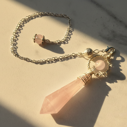 Beautiful Faceted Rose Quartz Pendulum on Silver Chain