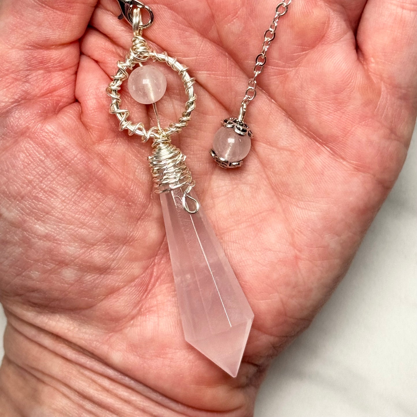 Beautiful Faceted Rose Quartz Pendulum on Silver Chain