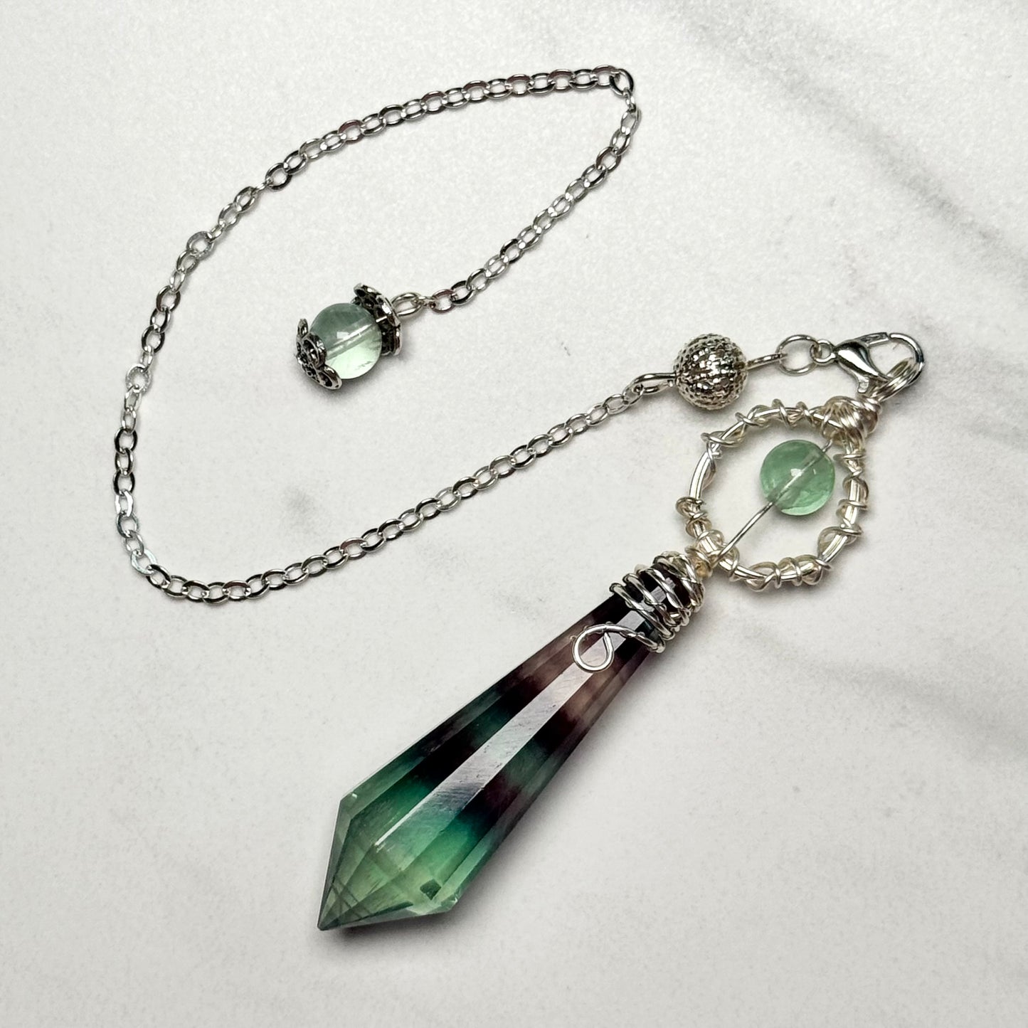 Beautiful Faceted Rainbow Fluorite Pendulum on Silver Chain