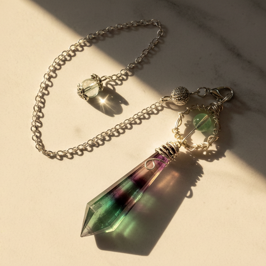 Crystal fluorite pendulum on a silver chain