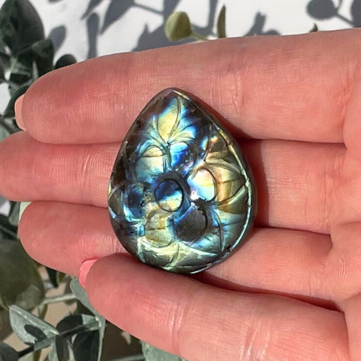 Flower Carved Tear-Drop Labradorite Cabochon