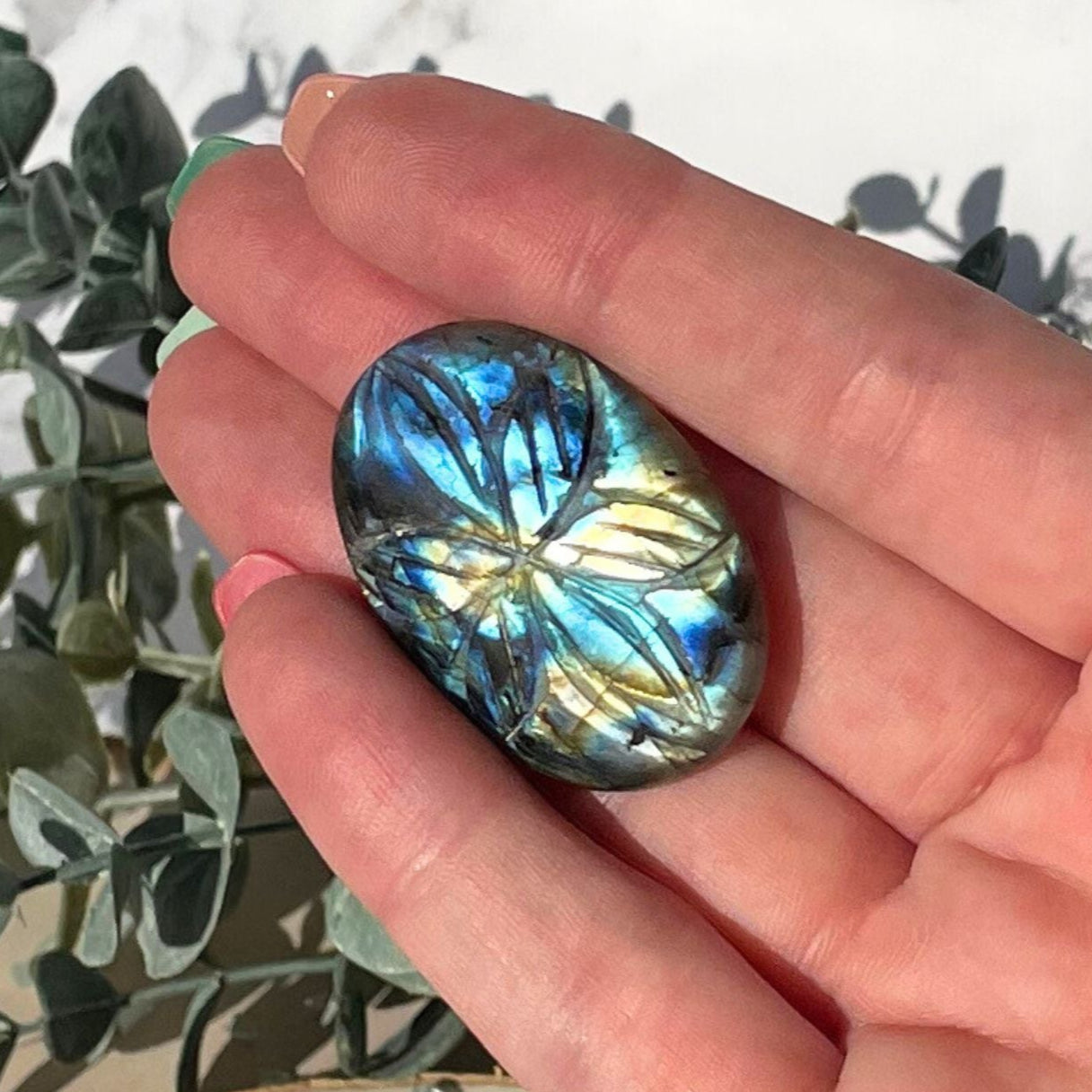 Flower Carved Oval Labradorite Cabochon