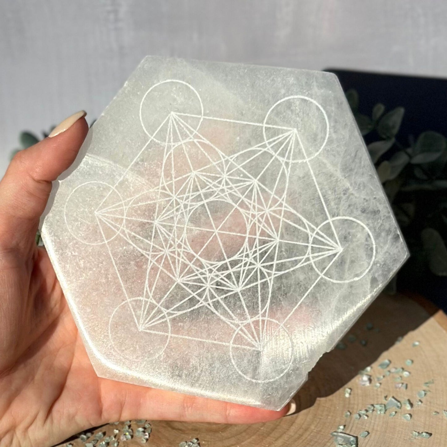 6-Inch Metatron's Cube Engraved Selenite Satin Spar Charging Plate from Morocco