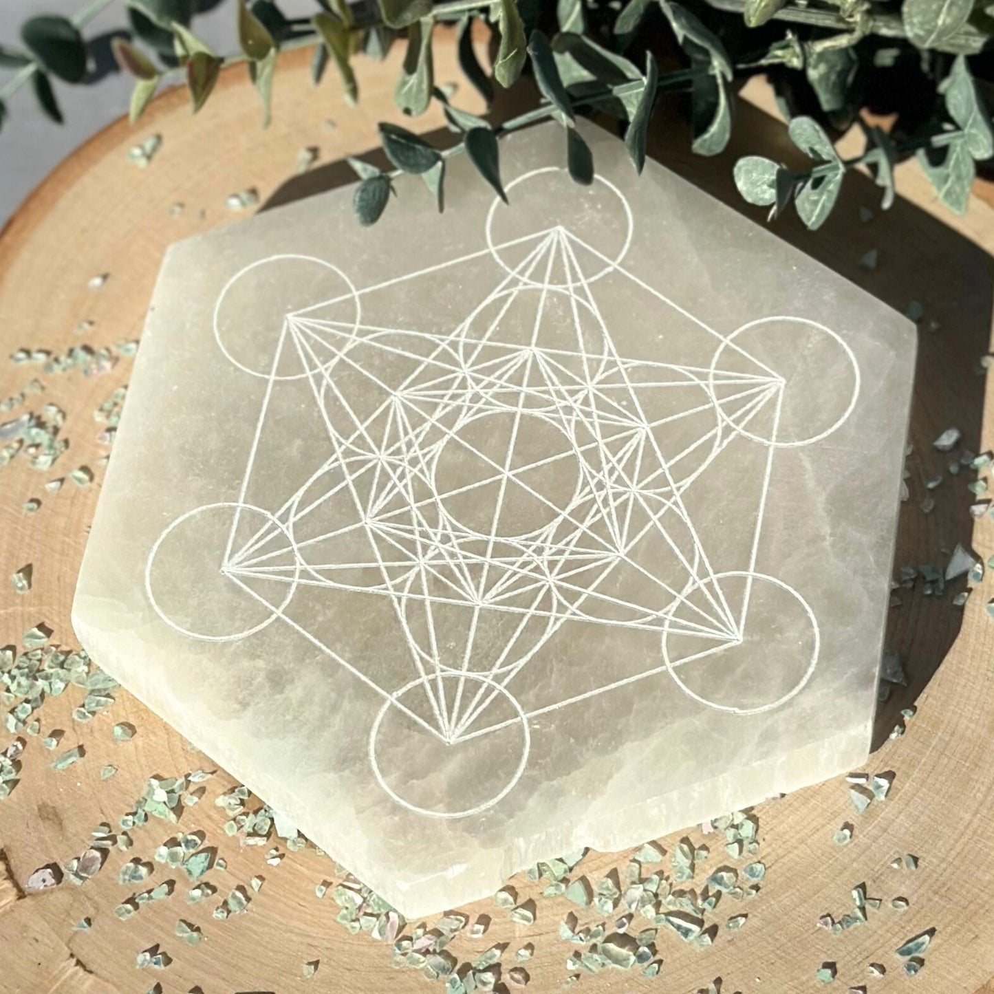 6-Inch Metatron's Cube Engraved Selenite Satin Spar Charging Plate from Morocco
