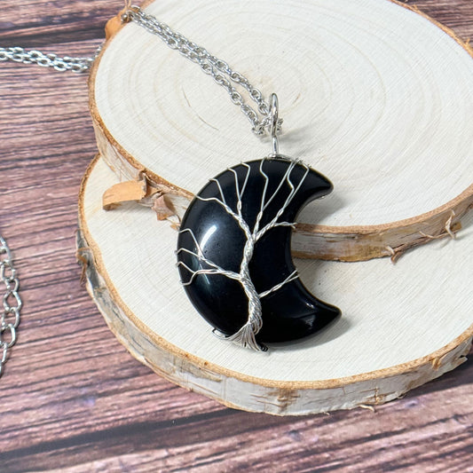 Obsidian Hand Wire Wrapped Moon Necklace