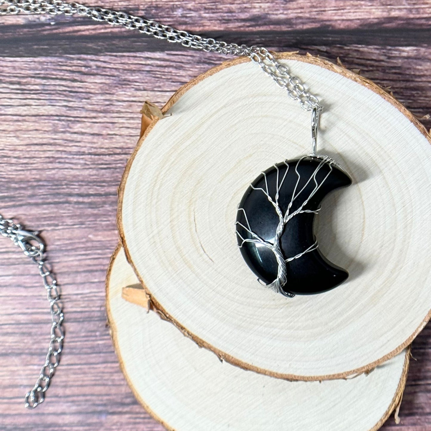 Obsidian Hand Wire Wrapped Moon Necklace