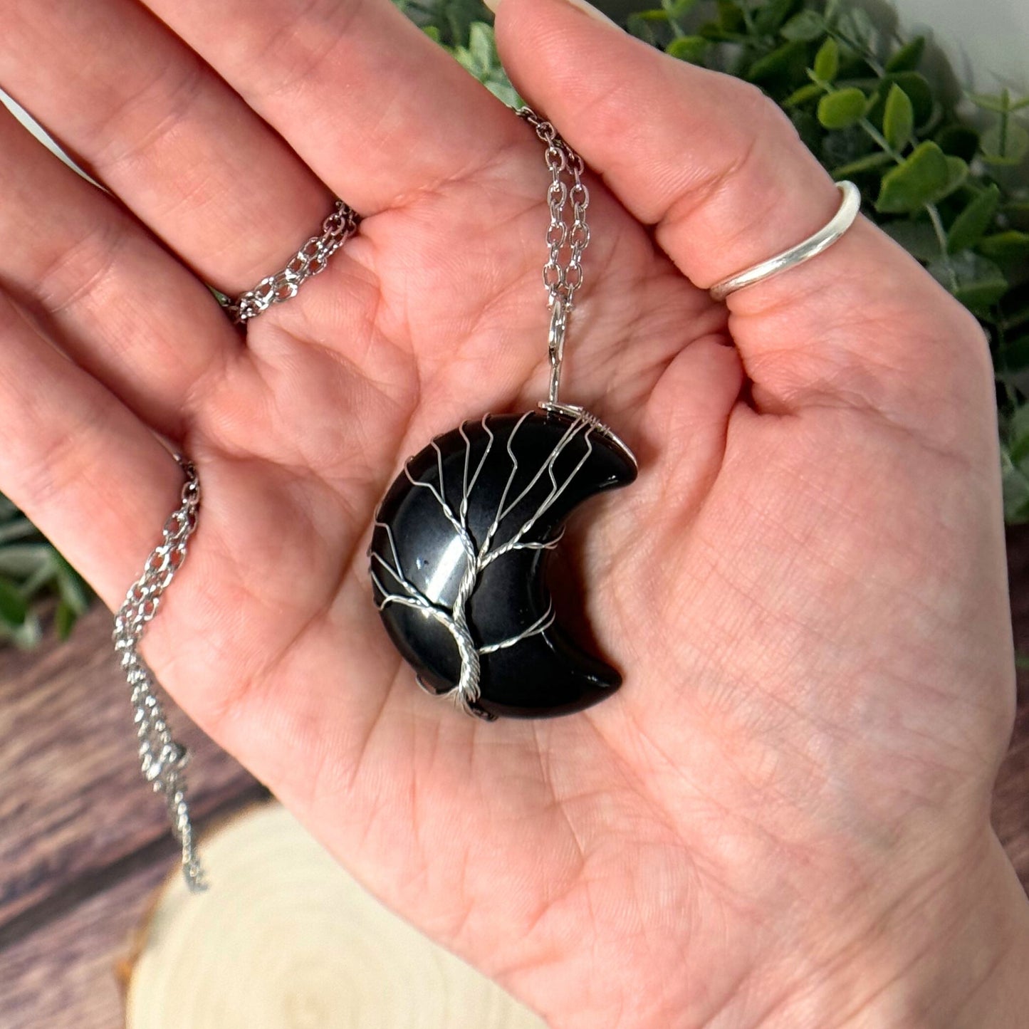 Obsidian Hand Wire Wrapped Moon Necklace