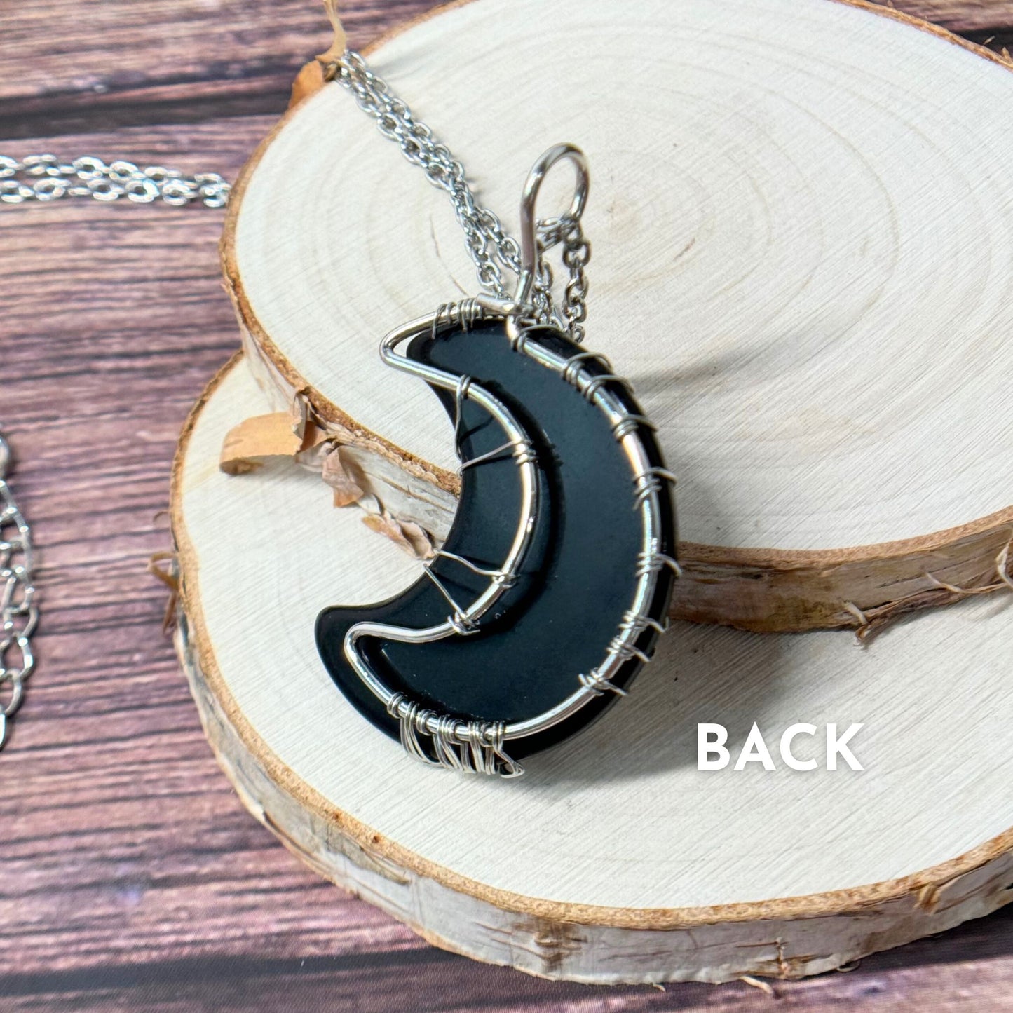 Obsidian Hand Wire Wrapped Moon Necklace
