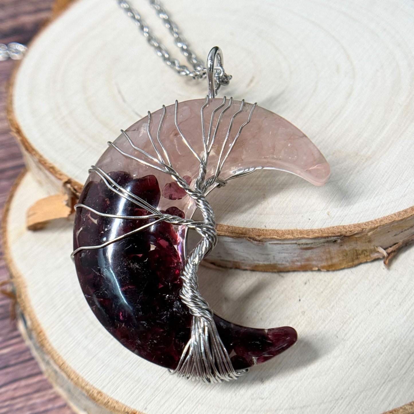 Rose Quartz + Garnet Hand Wire Wrapped Moon Necklace
