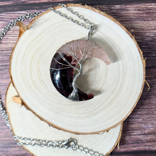Rose Quartz + Garnet Hand Wire Wrapped Moon Necklace