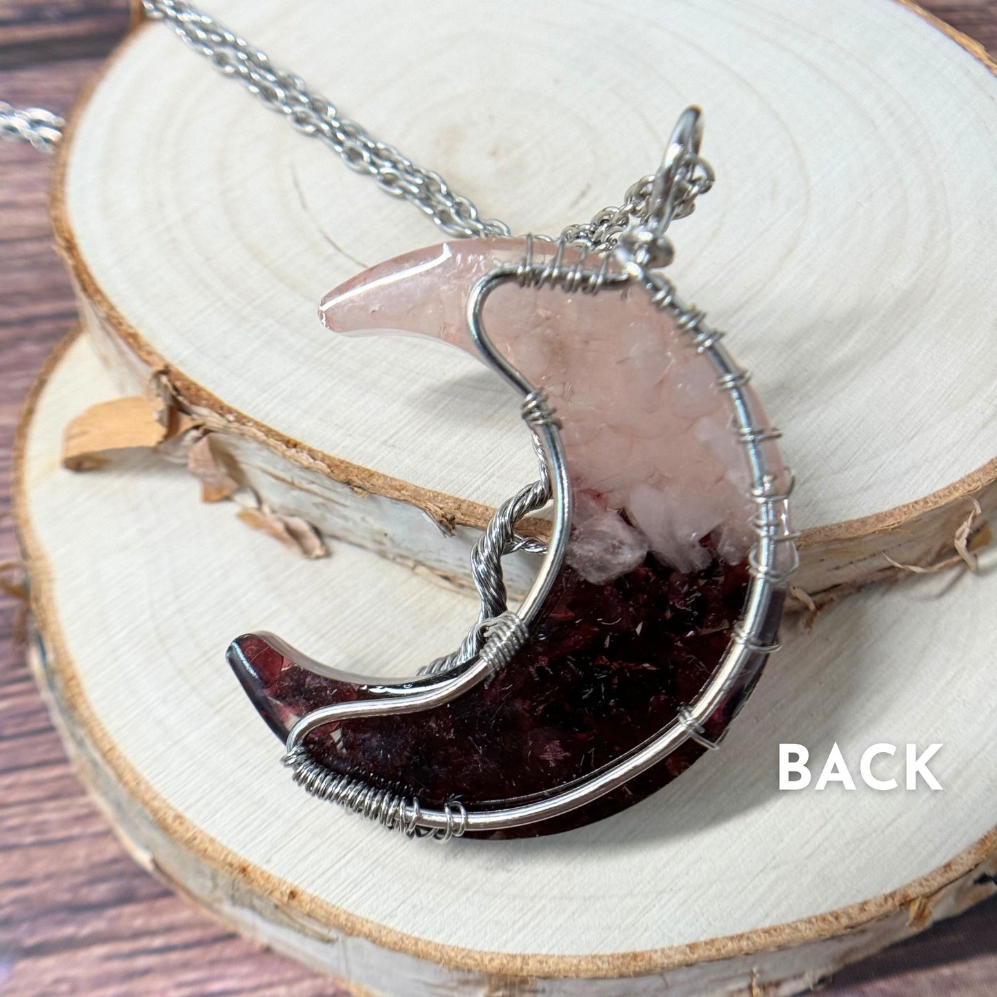 Rose Quartz + Garnet Hand Wire Wrapped Moon Necklace
