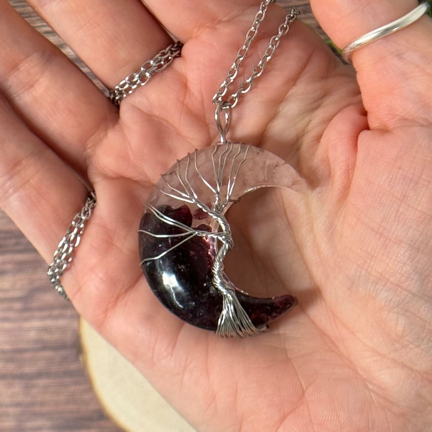 Rose Quartz + Garnet Hand Wire Wrapped Moon Necklace