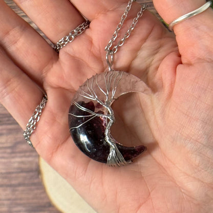 Rose Quartz + Garnet Hand Wire Wrapped Moon Necklace