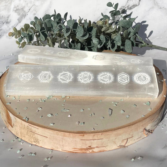 Chakra Engraved Selenite/Satin Spar Charging Plate from Morocco