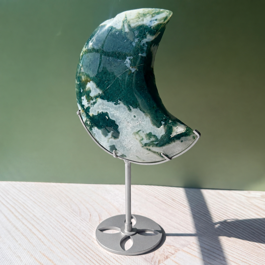Large Moss Agate Crescent Moon Carving | Option A