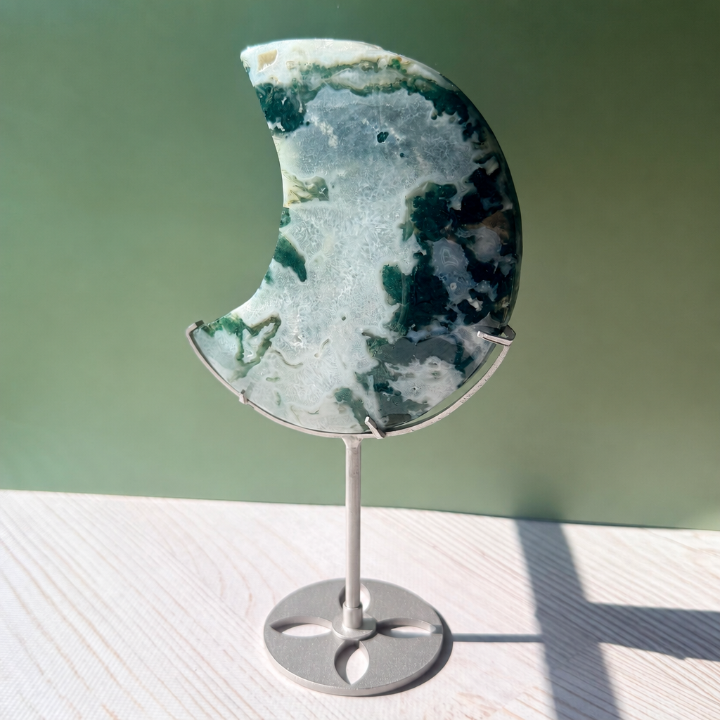 Large Moss Agate Crescent Moon Carving | Option A