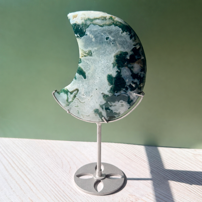 Large Moss Agate Crescent Moon Carving | Option A